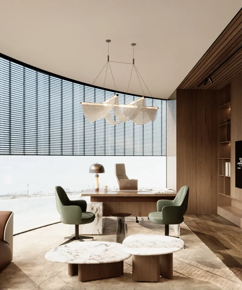 CEO desk directly in front of a sweeping glazed perimeter, placing the executive position against the skyline