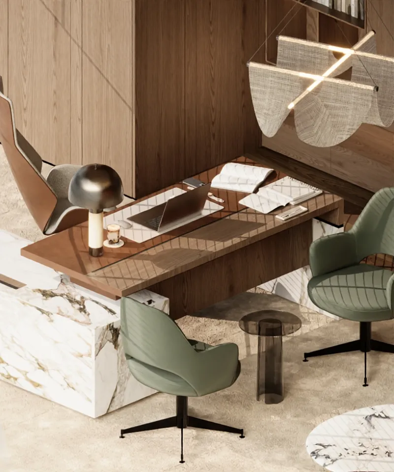 CEO desk directly in front of a sweeping glazed perimeter, placing the executive position against the skyline