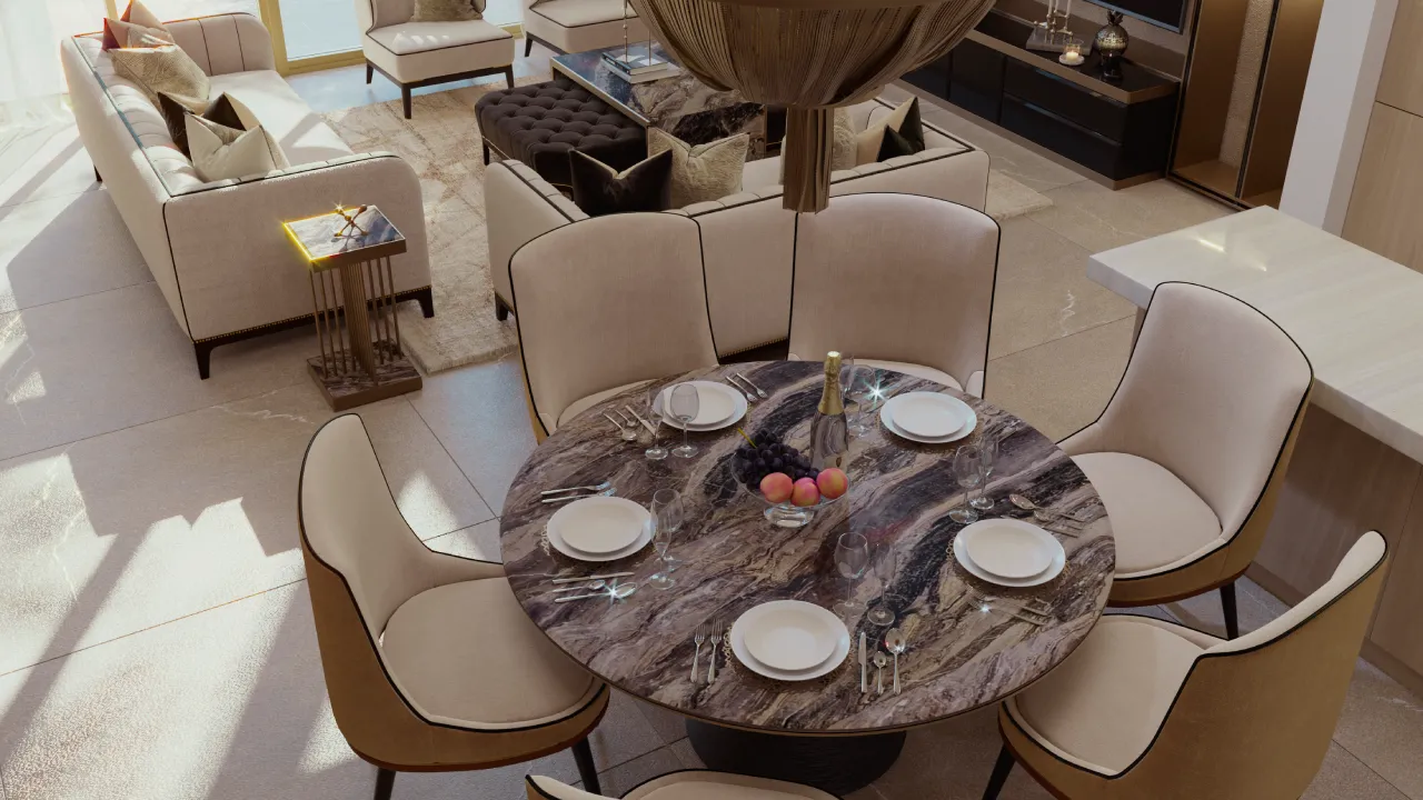 Open-plan living and dining room interior design for a villa in Dubai