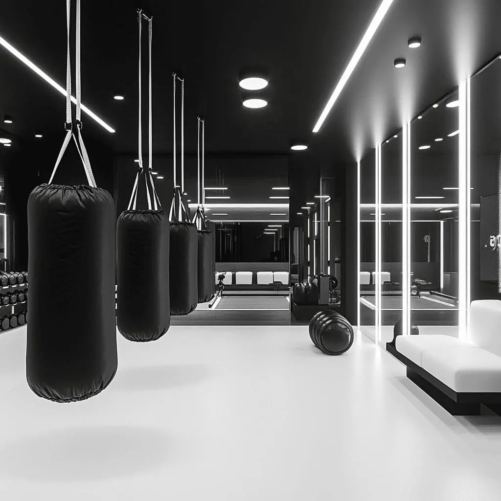 This spacious boxing gym uses contrasting colors and smart furniture arrangement for a balanced atmosphere