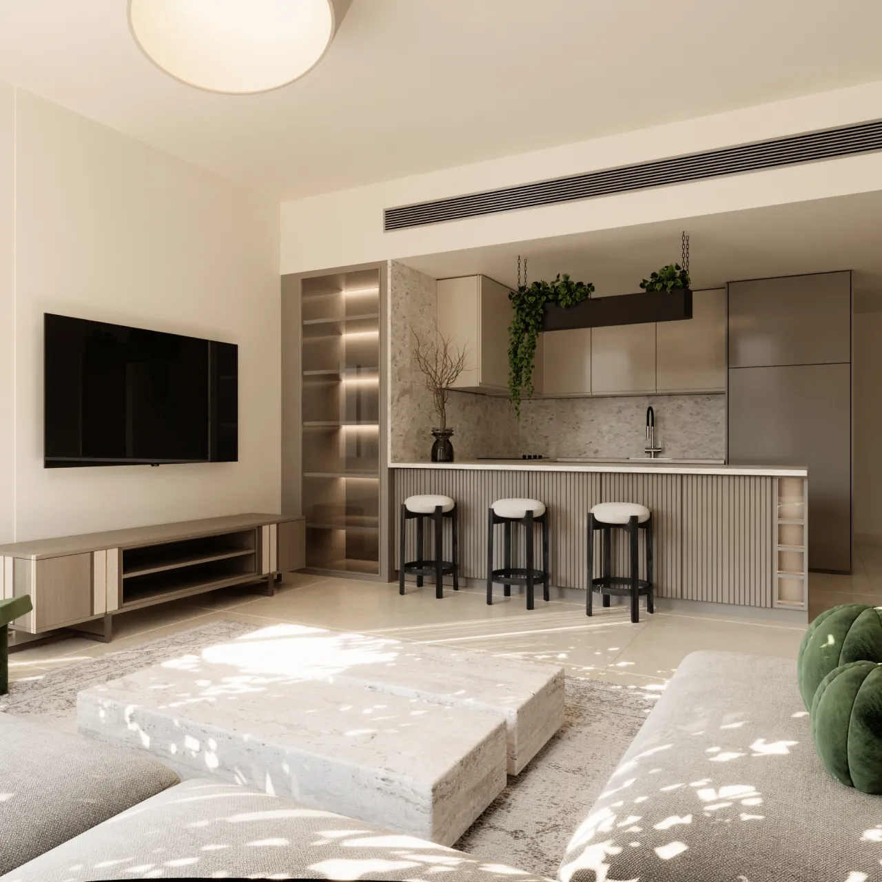 Contemporary apartment living room with open kitchen, fluted breakfast counter, bar stools, hanging greenery