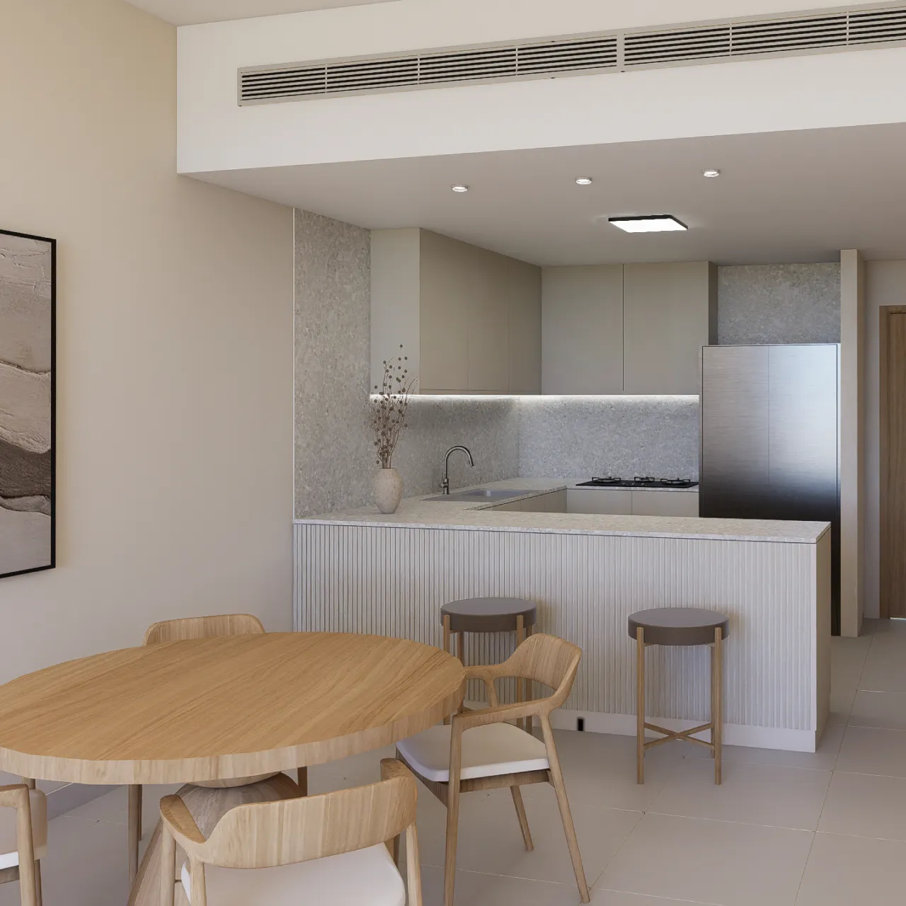 Open-plan Dubai apartment design with a connected living room, dining space, and kitchen, using neutral colors, clean furniture lines, and soft lighting.