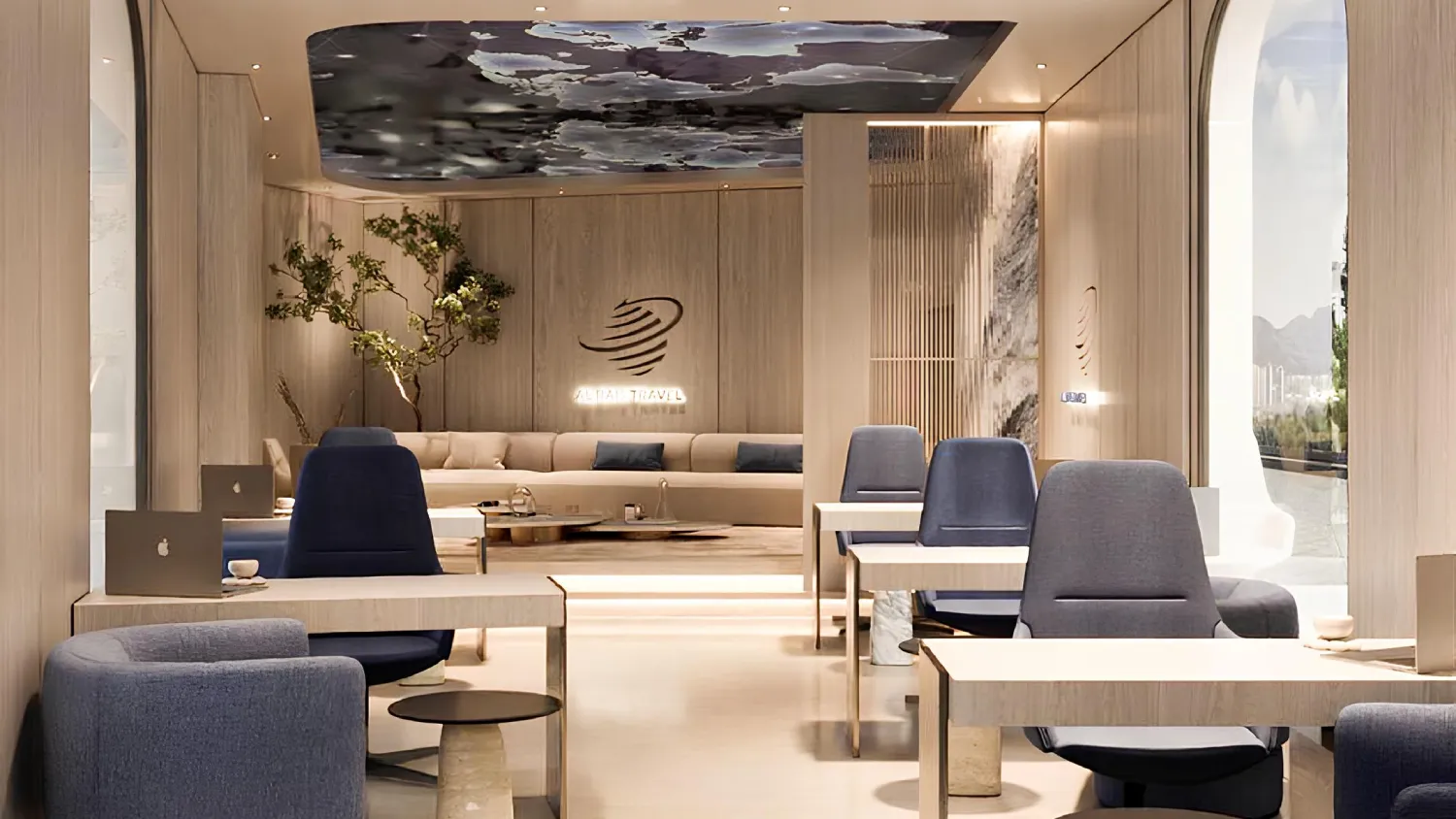 Luxury travel agency office design in Dubai with consultant desks and lounge seating