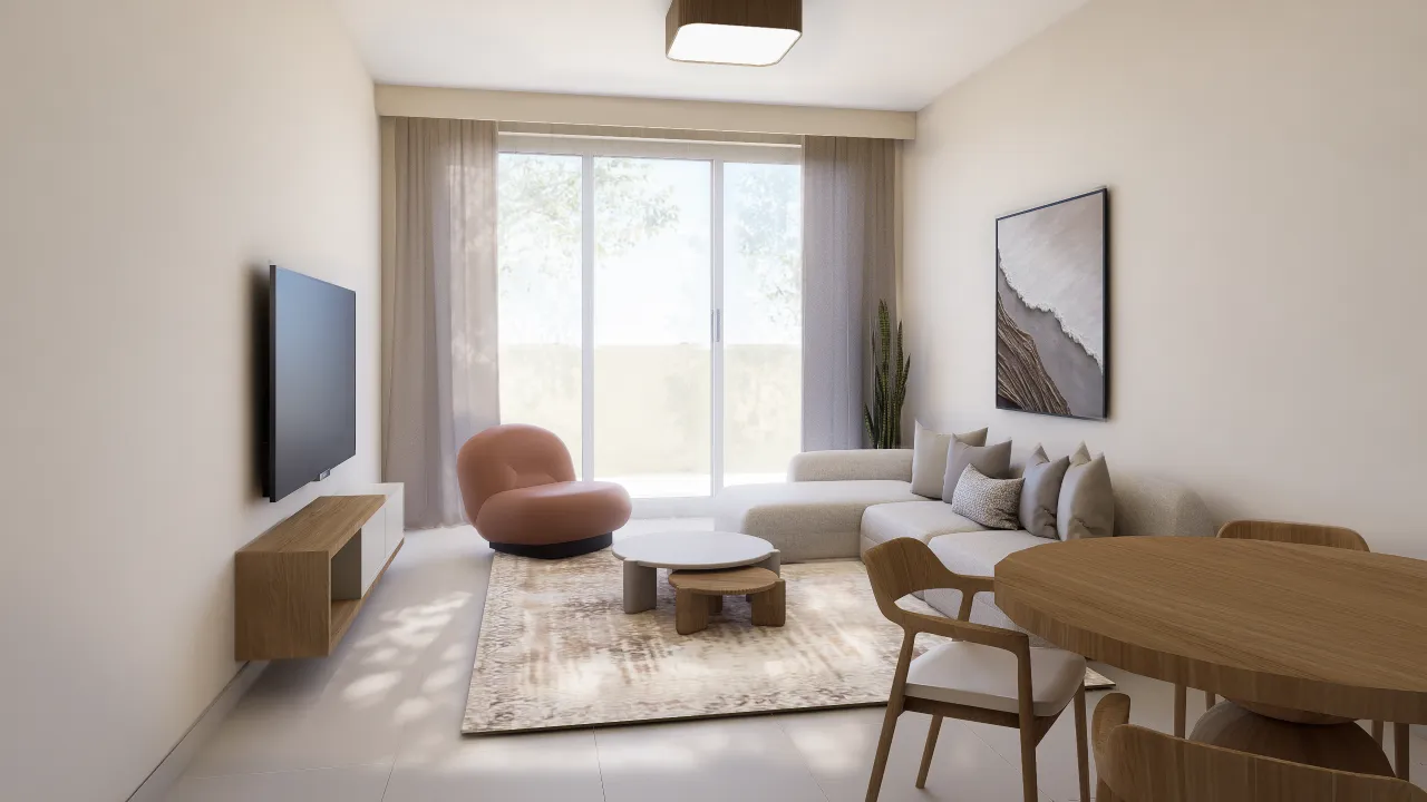 Modern Dubai Apartment Living and Dining Room Modern Dubai apartment living and dining room with a beige sectional sofa, round wooden dining table, wall-mounted TV, soft curtains, and warm neutral finishes.