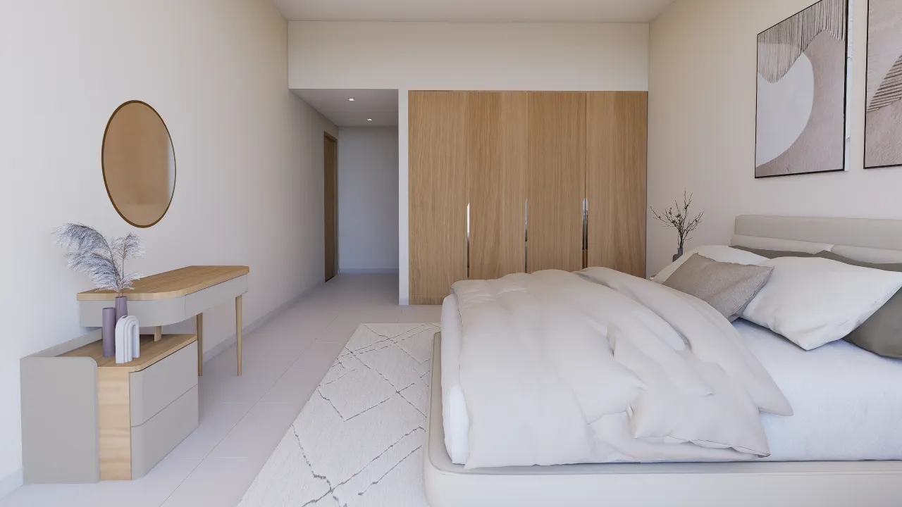 Modern Dubai Apartment Bedroom Interior Design Modern apartment bedroom interior for a Dubai residential building with soft neutral colours, upholstered bed, wall panels, warm lighting, and practical built-in storage.