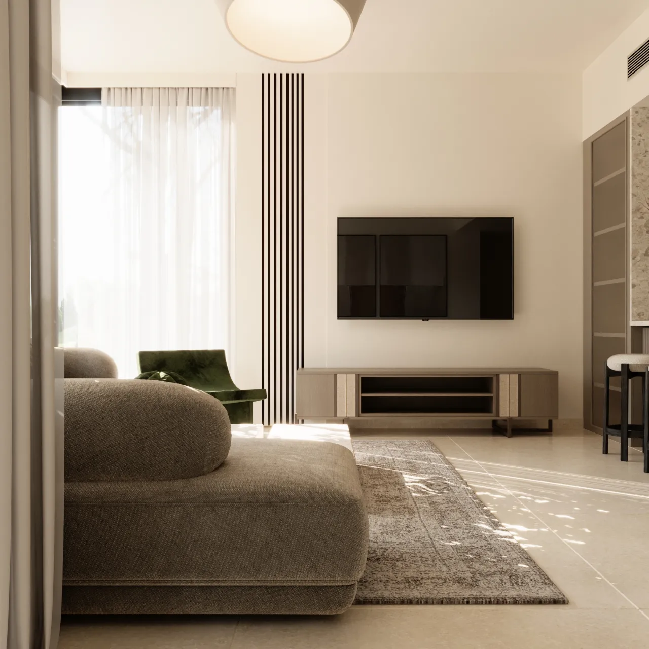 Modern apartment living room interior design with beige rounded sofa, sheer curtains, green accent chair