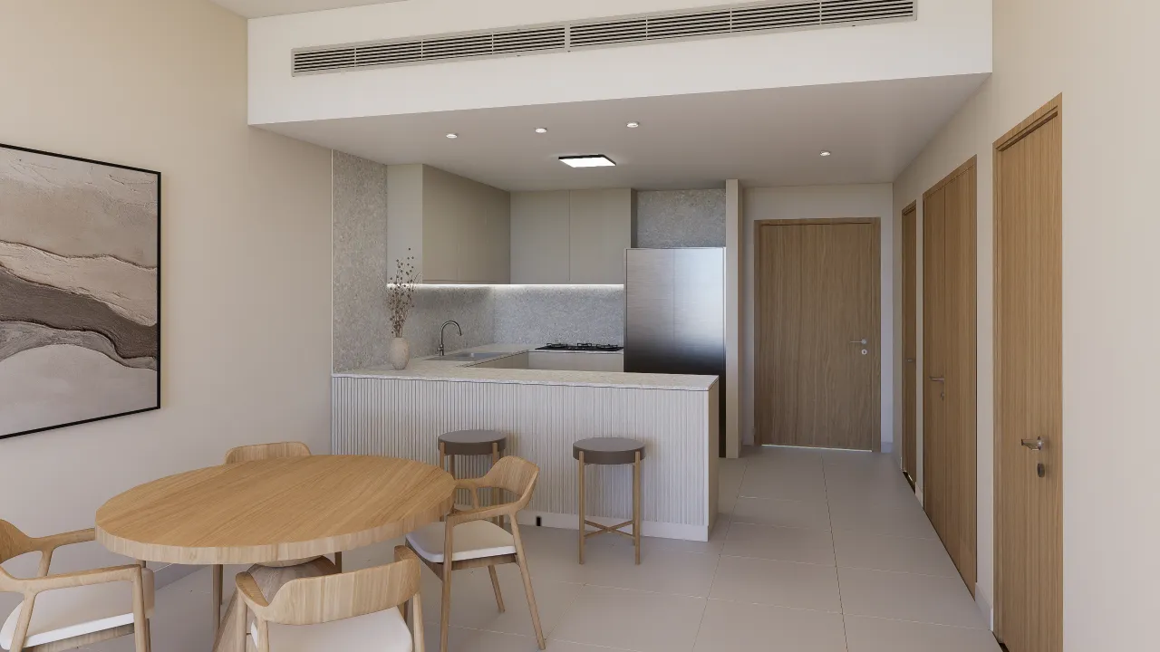 Modern Open-Plan Apartment Living Room in Dubai Modern Dubai apartment interior with an open living room, dining area, and kitchen planned as one connected space with soft neutral finishes and warm lighting.