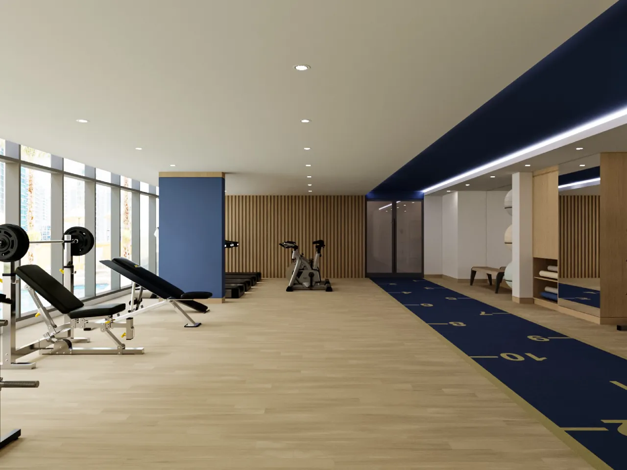 Modern residential gym interior with blue feature ceiling, linear lighting, wood flooring, cardio and weight equipment, timber slat wall