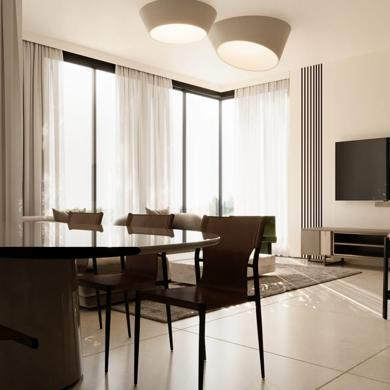 Open-plan apartment living room and dining area with full-height windows, rounded ceiling lights, beige sofa
