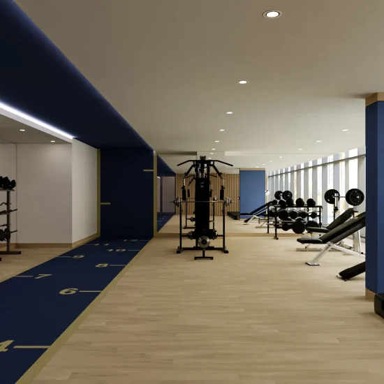 Shared residential gym with a navy numbered training lane, pale wood flooring, mirrored wall, timber storage