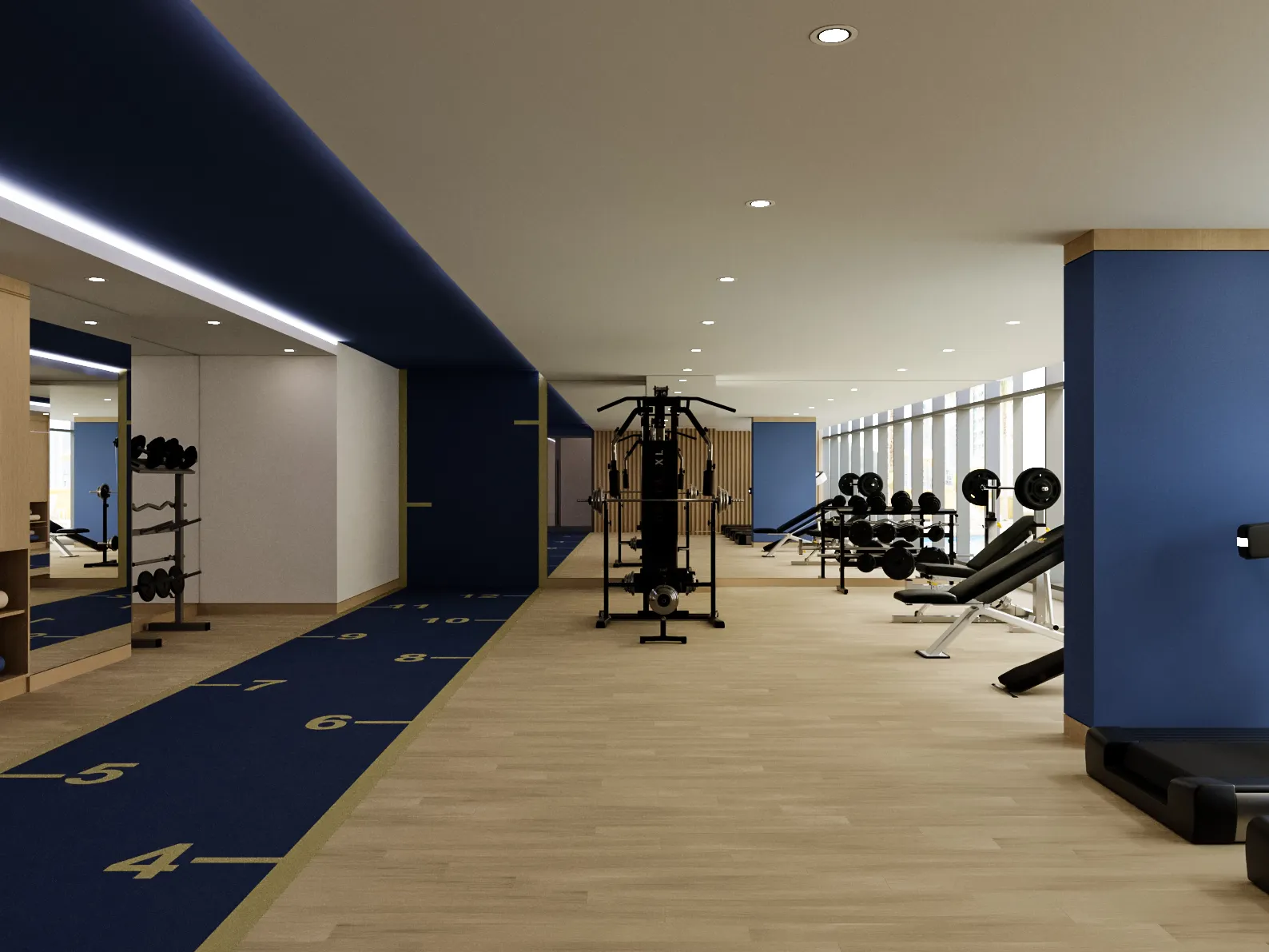 Shared residential gym with a navy numbered training lane, pale wood flooring, mirrored wall, timber storage