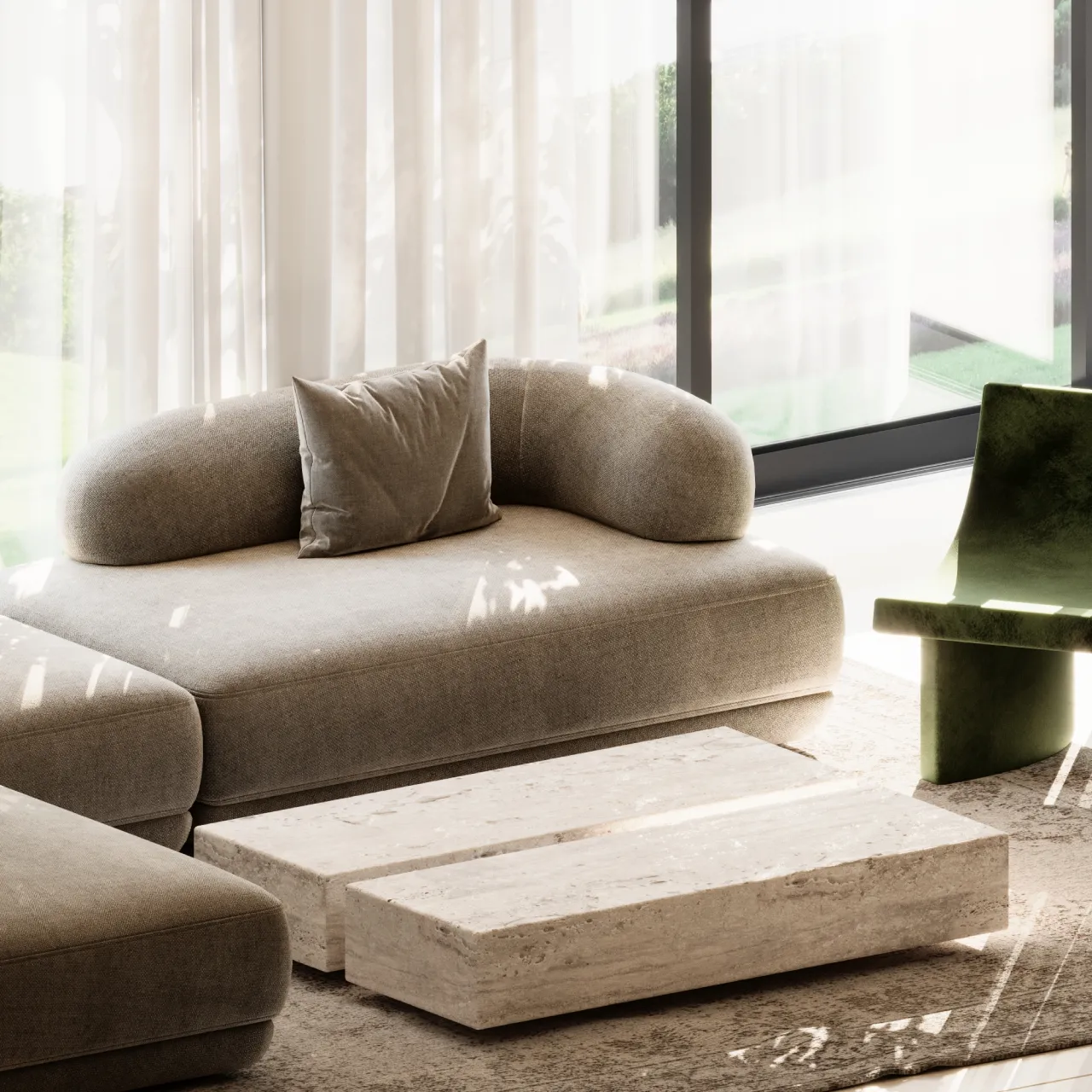 Soft modern apartment living room with curved beige sofa, green lounge chair, travertine-style coffee tables