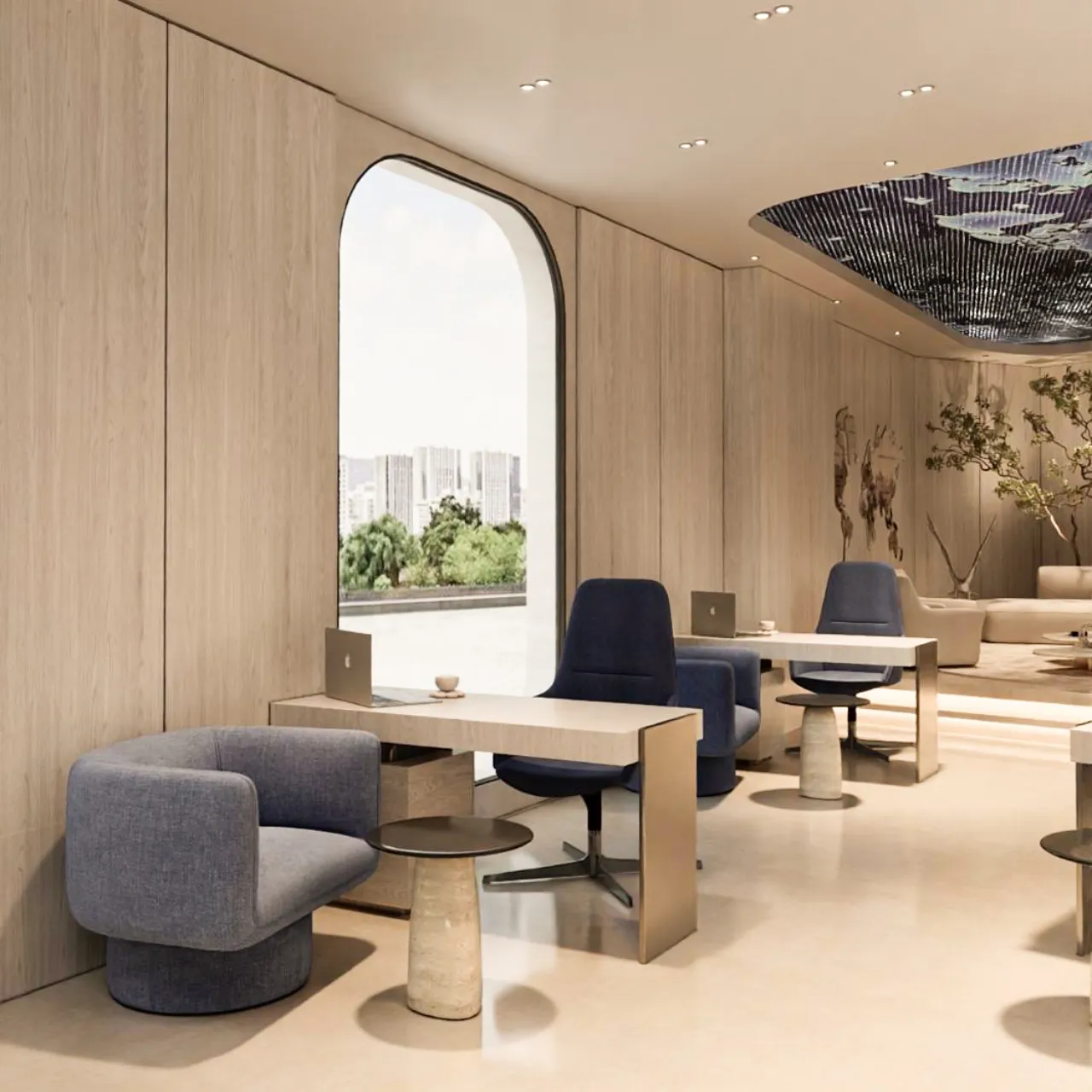 Client Meeting Desks in a Travel Agency Office Travel agency office with consultant desks arranged for booking discussions, upholstered client chairs, warm wall panels, branded display shelves, and soft lighting.