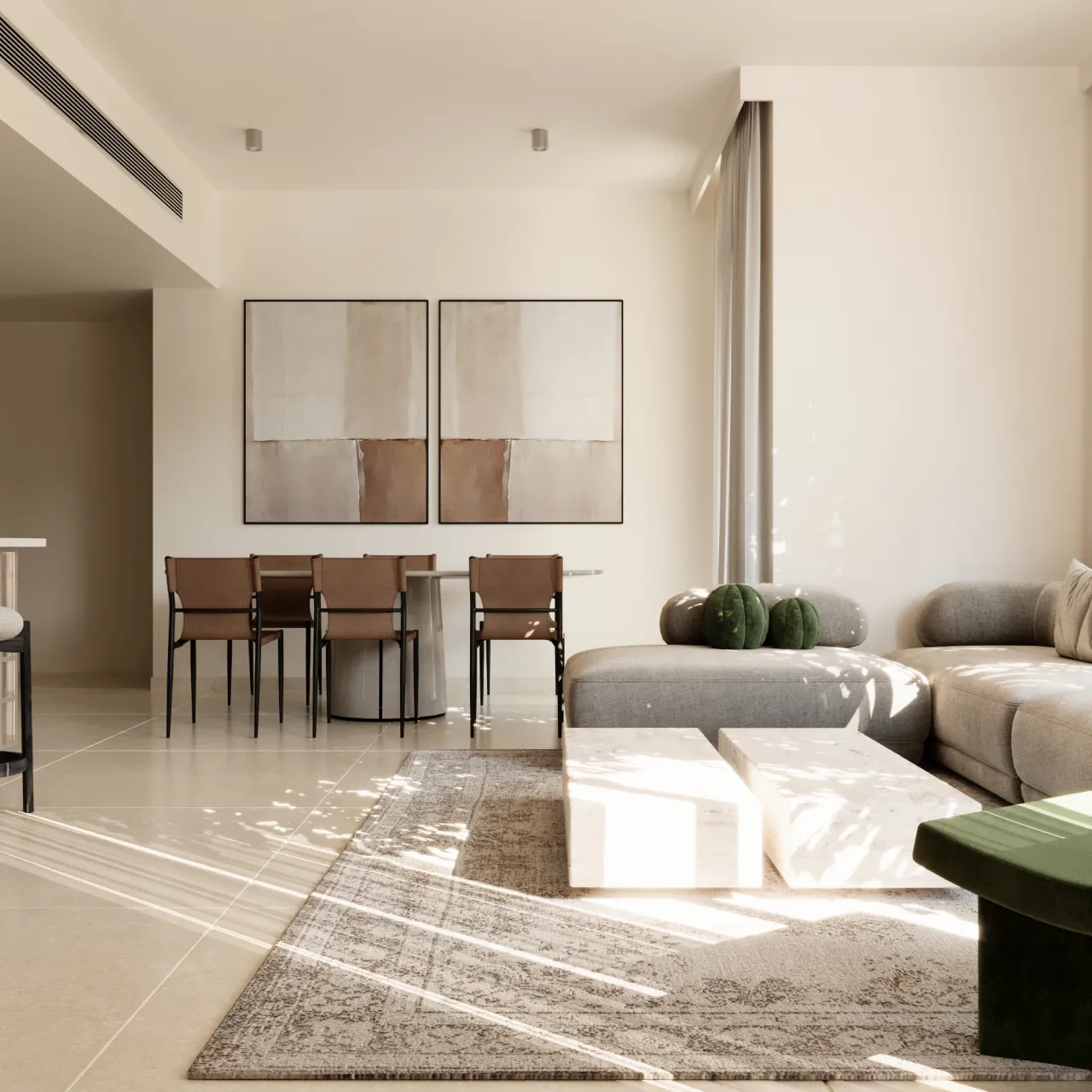 residential apartment interior with dining area, abstract wall art, beige sofa, green decor accents