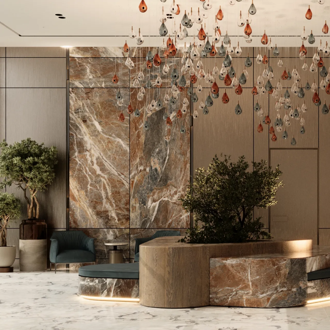 Apartment Building Lobby Design With a Center Feature Seating and a Modern Lighting Fixture