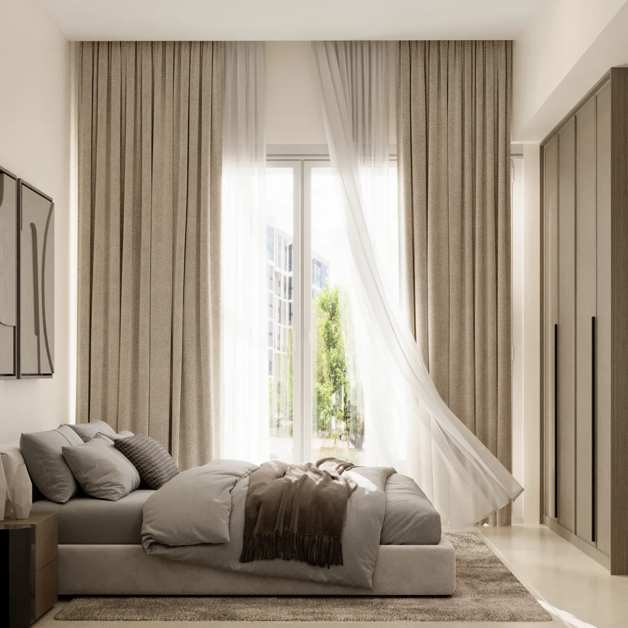 Apartment unit bedroom design with a low upholstered bed, full-height timber wardrobe, layered neutral bedding and floor-to-ceiling curtains for Dubai Satwa
